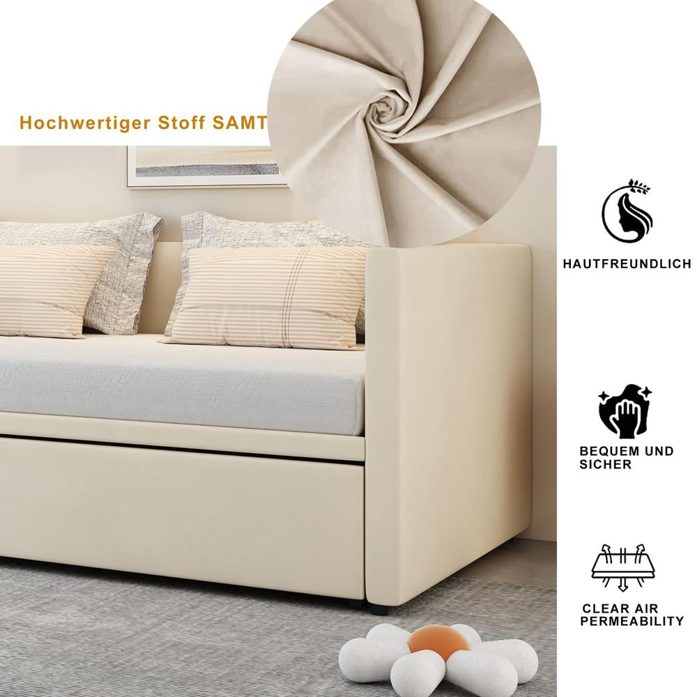 INONEFT Schlafsofa 90/180 x 200 cm, Tagesbett Ausziehbar Sofabett mit Lattenrosten, Polsterbett für Erwachsene, Samtstoff, ohne Matratze, Beige