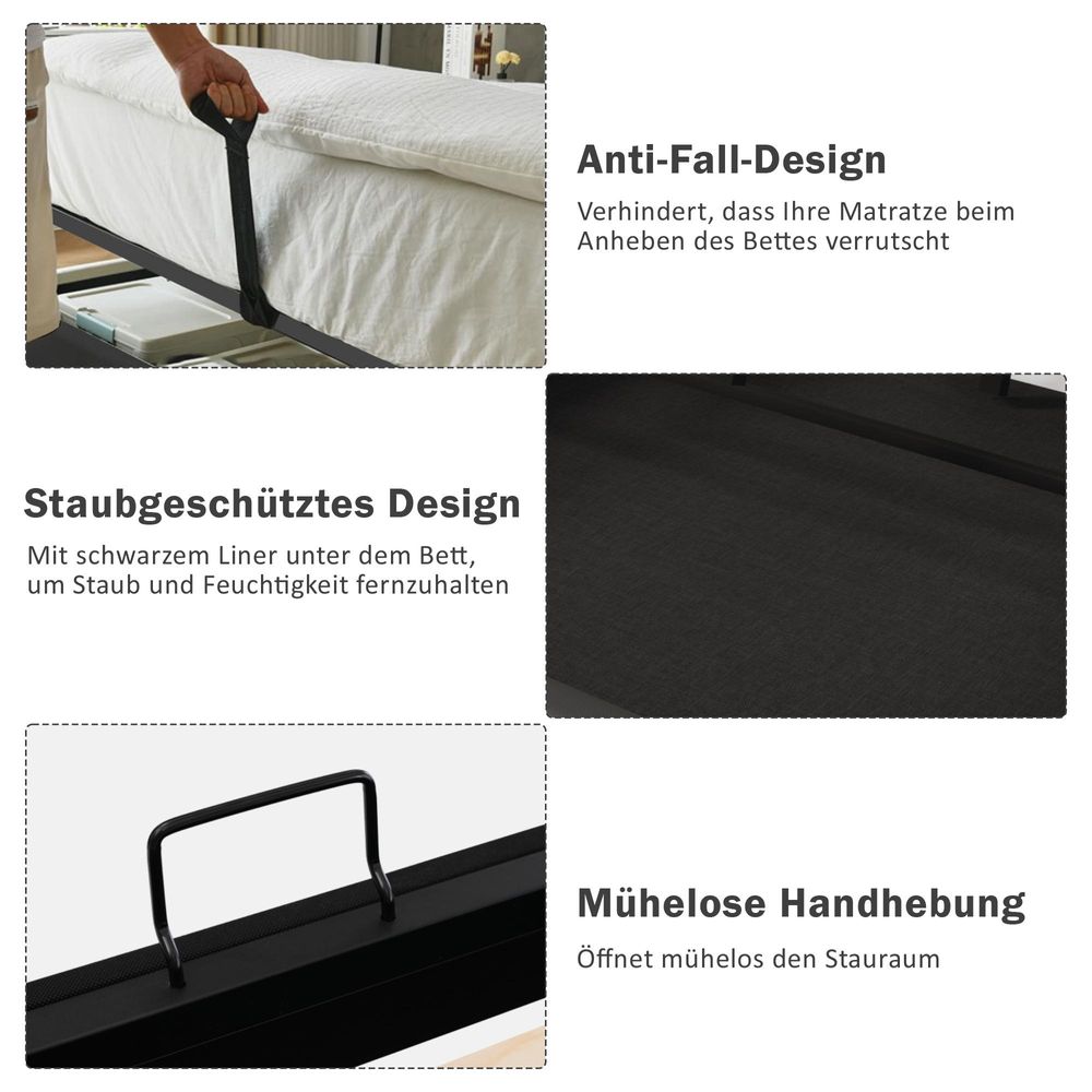 Flieks Polsterbett 180x200cm mit Ladefunktion, Doppelbett Jugendbett mit LED, Hydraulisches Stauraumbett Boxspringbett mit Lattenrost, Baumwolle, Grau