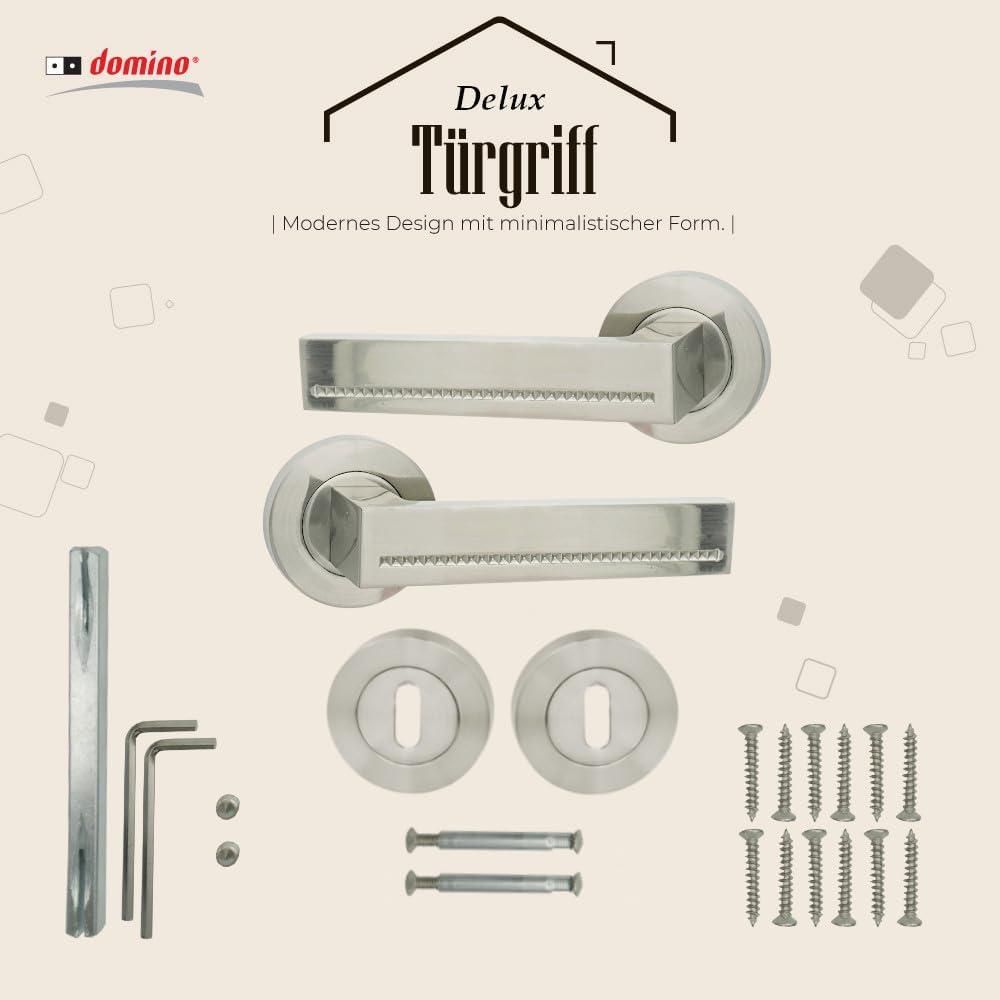 DOMINO Türgriff Drückergarnitur BB-Buntbart Set | Rund BB Rosette | Türklinke für Zimmertür, Bürotür, Kellertür & Innentür | Türbeschläge aus Znal | Nickel Türdrückergarnitur | DELUX-R M9