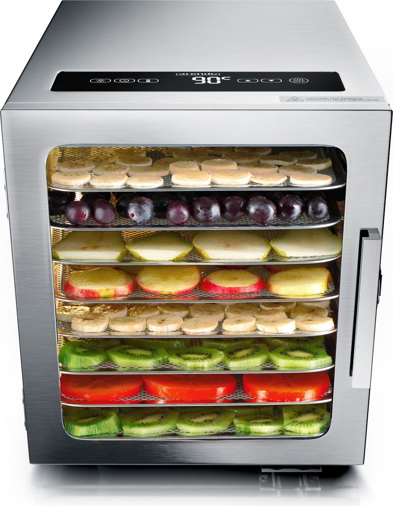 Arendo Dörrautomat Dehydrator mit 8 Etagen, 500 W elektrisches Dörrgerät für Obst, Gemüse, Fleisch, Edelstahl Dörrmaschine mit Zeitanzeige, Timer und Temperaturregelung (30-90°), BPA frei
