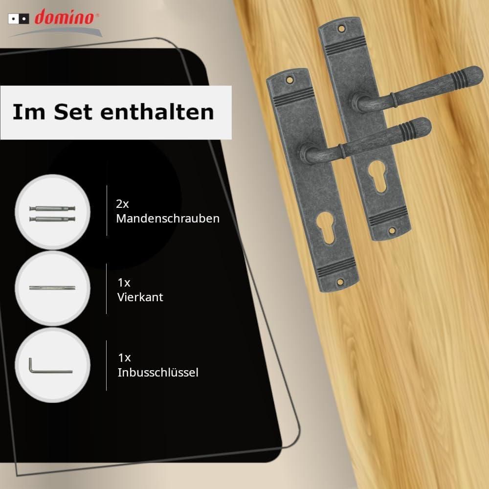 DOMINO Türgriff 72 Drückergarnitur PZ-Profilzylinder Set | Langschildgarnitur |für Zimmertür, Bürotür, Kellertür & Innentür |Antikes Nickel | LOFT M95