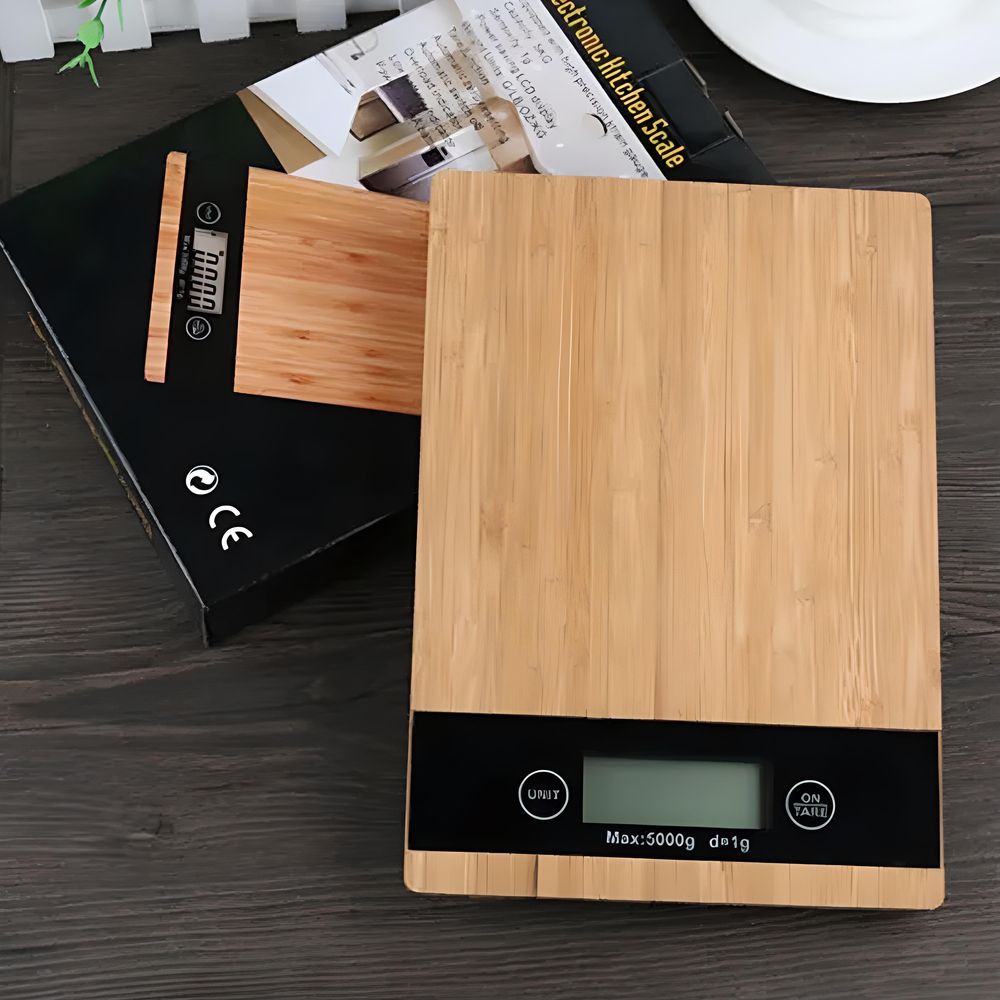 Digitale Küchenwaage bis 5kg Tragkraft mit gehärtetes Glas Digitalwaage Zuwiegefunktion LCD-Anzeige Haushaltswaage Tara Essenswaage Bambus Retoo