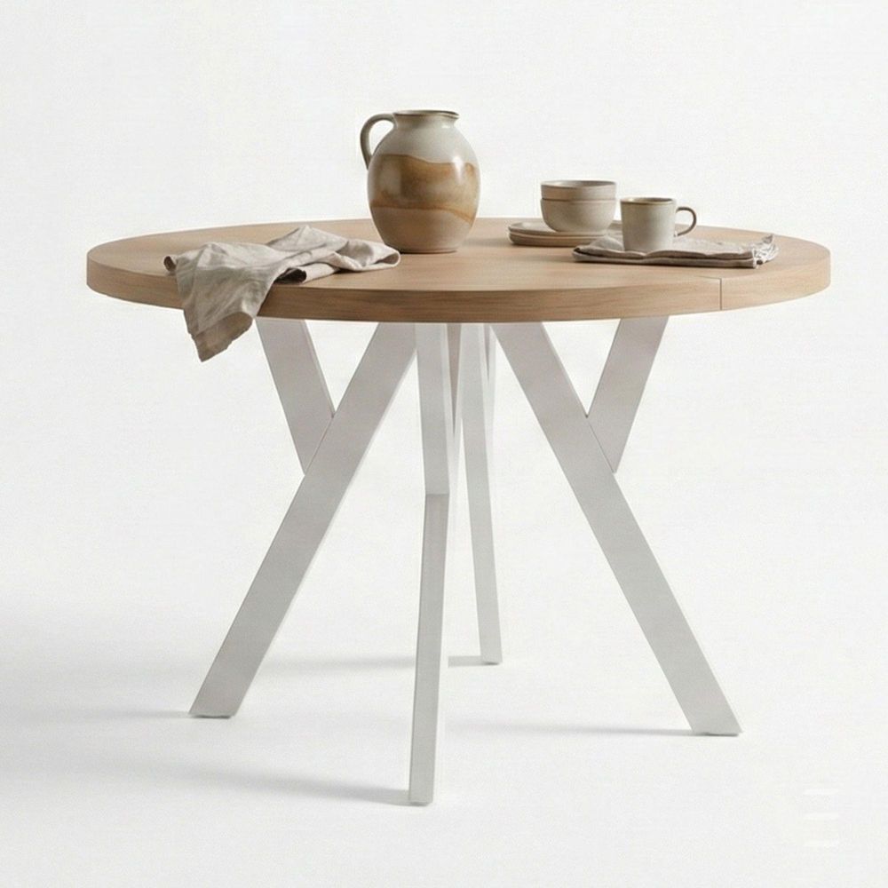 Runder Ausziehbarer Tisch für Esszimmer, PERO, Loft-Stil, Skandinavische, Durchmesser: 100 / 150 cm, Farbe: Kaschmir / Weiß