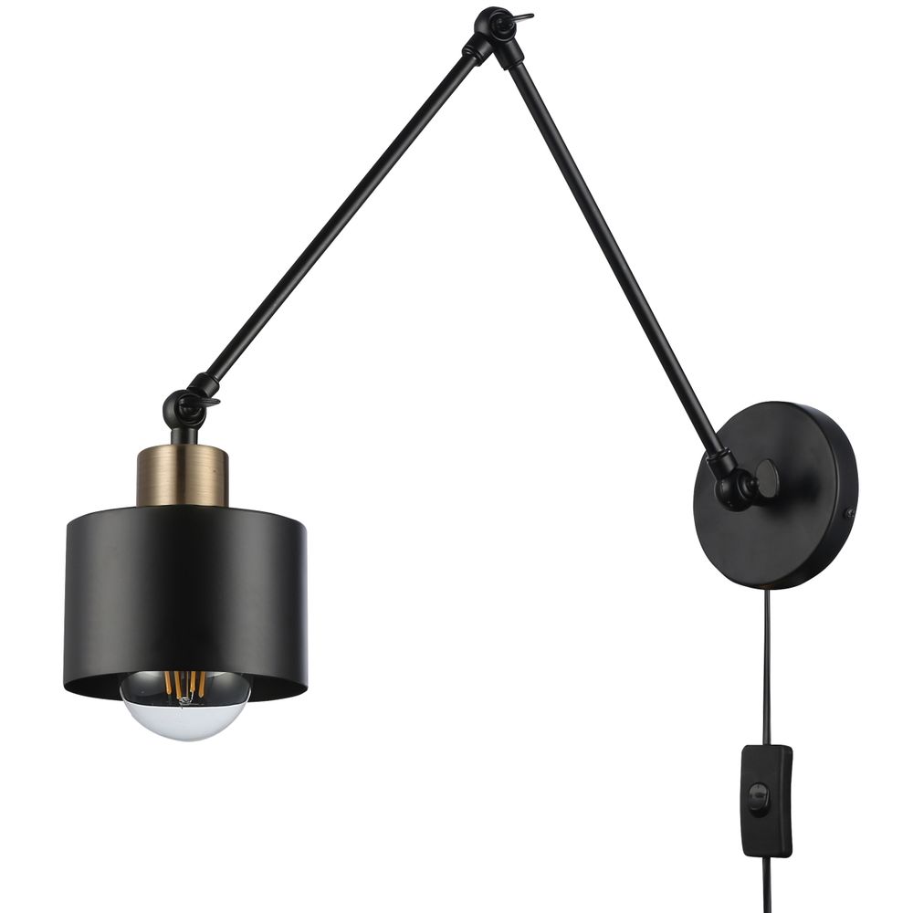 Schwarze Lampe mit verstellbarem Arm, einfache Installation, Seitenansicht, E27-Glühbirne.