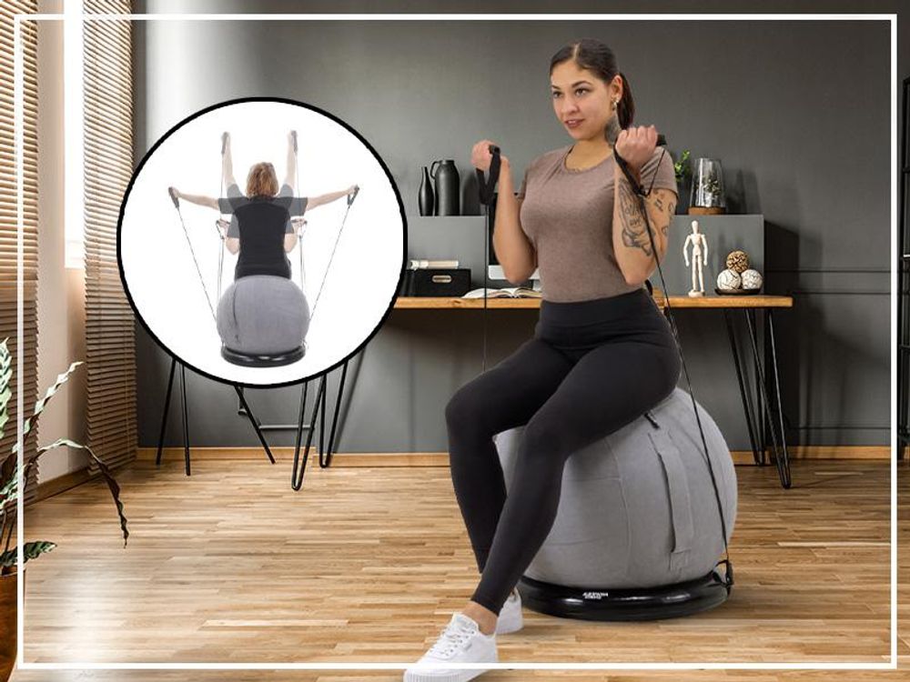 Miweba Sports 4in1 Gymnastikball Set | 65 cm - inkl. Ballschale, Pumpe, Waschbarer Bezug & Schlingentrainer - Fitnessball - Sitzball - Yogaball (Grau)