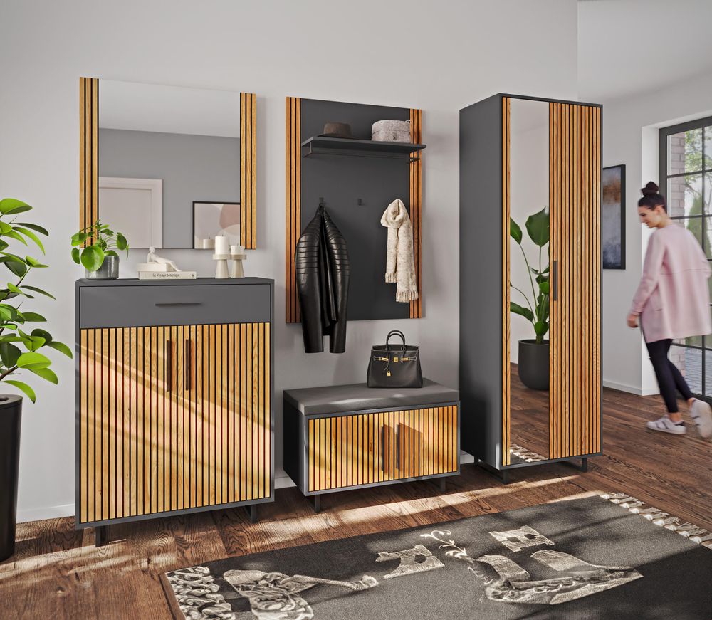 Schuhbank Joe – moderne Schuhbank in Eiche / Anthrazit mit Lamellenfront und Sitzkissen