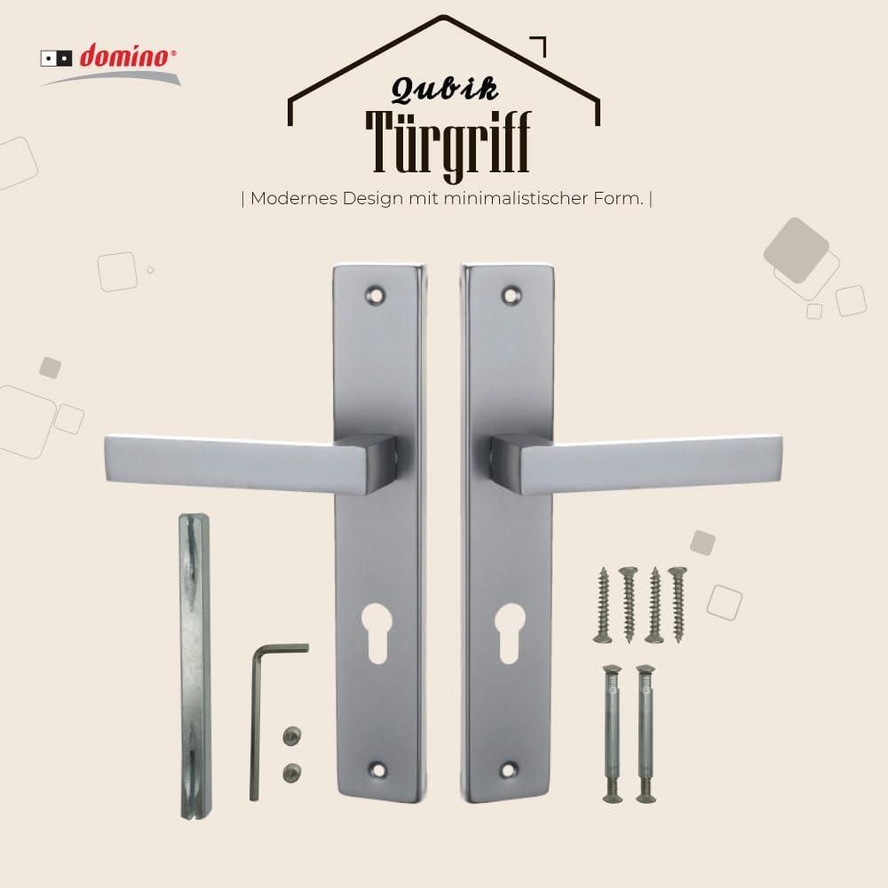 DOMINO Türgriff 72 Drückergarnitur PZ - Profilzylinder Set | Türklinke für Zimmertür, Bürotür, Kellertür & Innentür | L-Form | Türbeschläge aus Aluminiuml | Satin Chrome Light Türdrückergarnitur | QUBIK M45