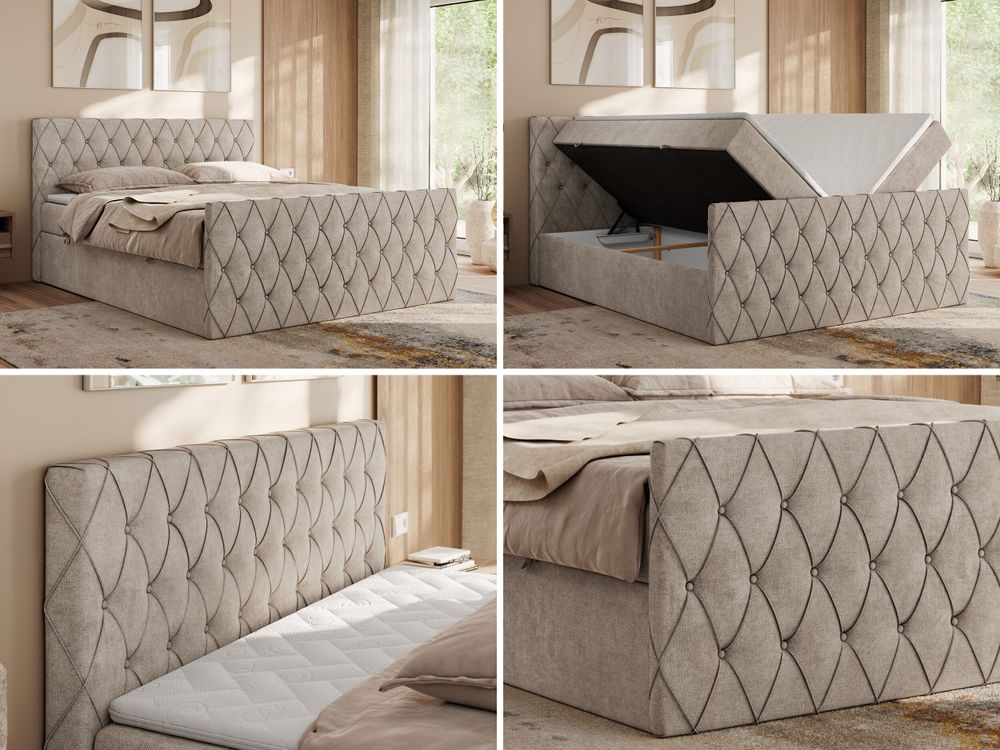 MKS MEBLE Boxspringbett 200x200 mit Bettkasten, Bett 200x200 mit Matratze H3, Boxspringbett 200x200 mit Topper - Miren Duo - Beige Strukture - H3