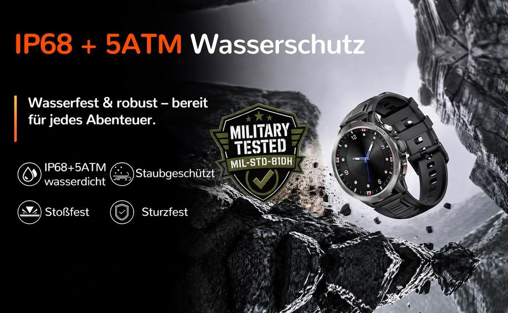 2026 Herren Militär-Smartwatch mit 1,85" AMOLED und 75 Tagen Standby Smartwatch Herren-Fitnessuhr, mit IP68+5ATM, 24/7 Herzfrequenz, SpO₂, Blutdruck