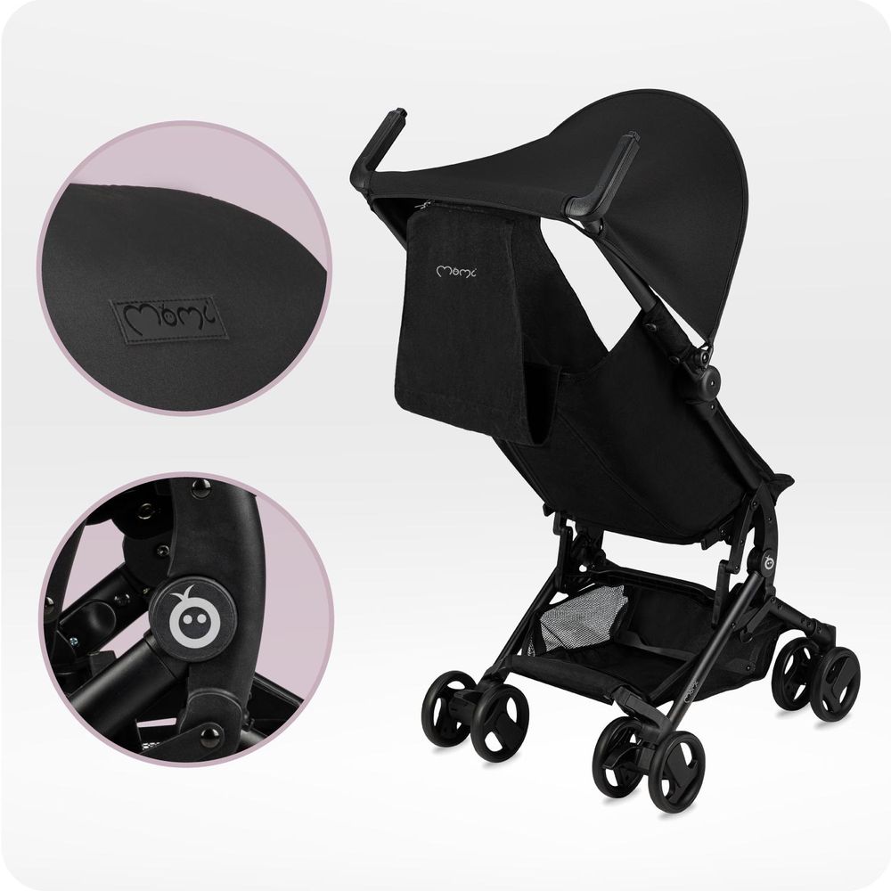 MoMi GRACE – Ultraleichter Baby Kompaktbuggy 6,2 kg mit Einhand-Faltung & Standfunktion, inkl. Rucksack, bis 15 kg – Schwarz