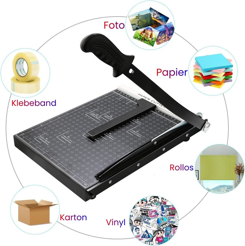 Profi A4 Papierschneider Schneidemaschine, Hebelschneider Fotoschneider mit Sicherheitsverriegelung, magnetischen Papiereinsteller, 32x25x3cm, Schwarz