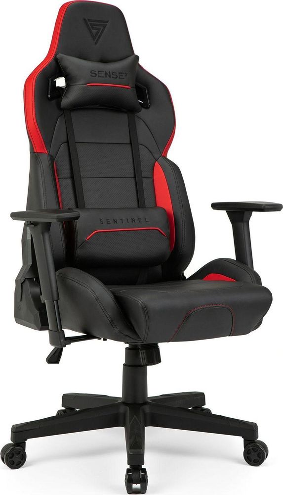 Fotel gamingowy SENSE7 Sentinel czarno-czerwony – ergonomiczny fotel biurowy, fotel przy biurko, nośność 150 kg, podłokietniki 3D, funkcja kołysania, fotel szefa, fotel komputerowy
