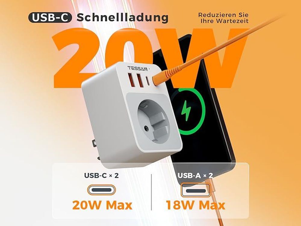 TESSAN 2 Stück Klappbarer USA Adapter Steckdose mit 2 USB C und 2 USB A Reiseadapter US Typ B