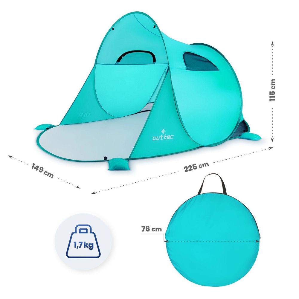 Maße des Pop-up-Strandzeltes: 225x149x115cm, Gewicht 1,7kg, Packmaß 76cm