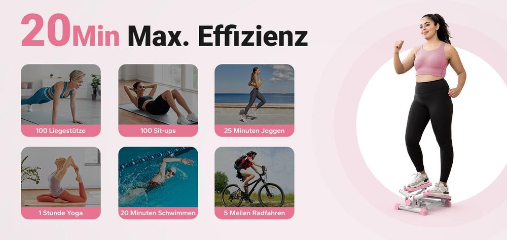 Mini Stepper 2-in-1 mit LCD-Display & Widerstandsseilen – Dreh- & Seitenschritttrainer bis 150 kg, Hometrainer für Beine, Po & Arme, Anfänger, rosa