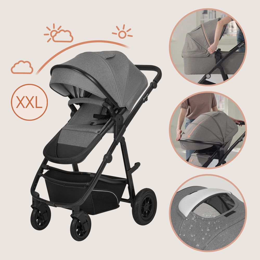 Lionelo Bianka 3in1 Kinderwagen, Autotransporter, Autositz, klappbar, Travel System Rückenlehne verstellbar 360o Räder Polsterung, Verdeck XXL-Grau