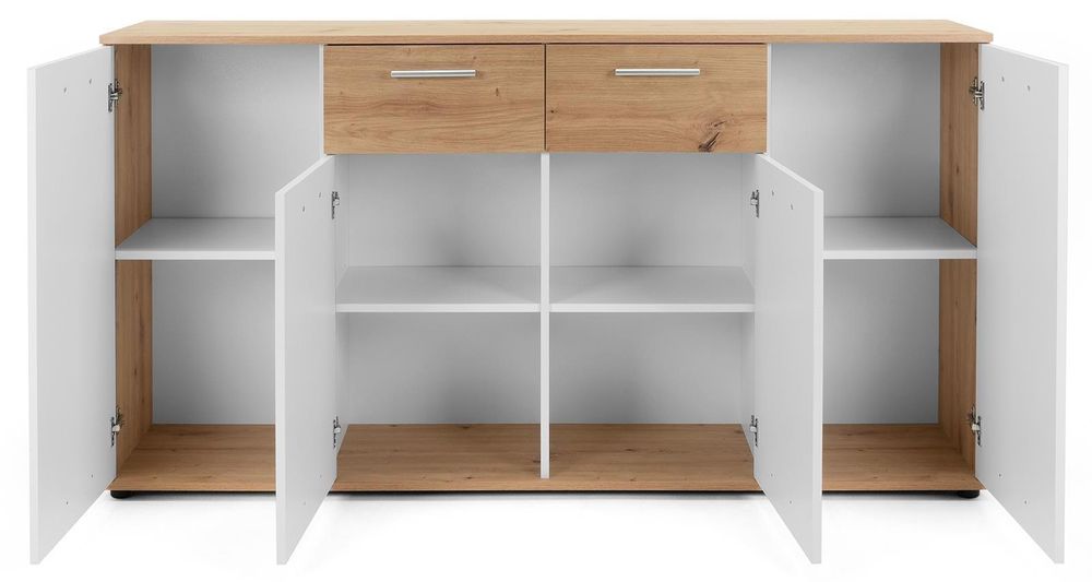 Sideboard >Jacklin< in Artisan Eiche Weiß – Modernes Stauraummöbel mit 4 Türen und 2 Schubkästen