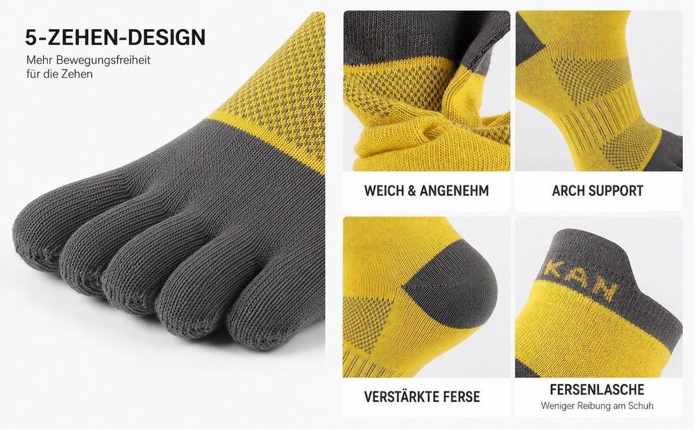 3-Paar Zehensocken, Fünf Finger Socken, Sportsocken für Damen & Herren, ideal für Joggen, Radfahren, Laufen, Marathon, Wandern und den Alltag