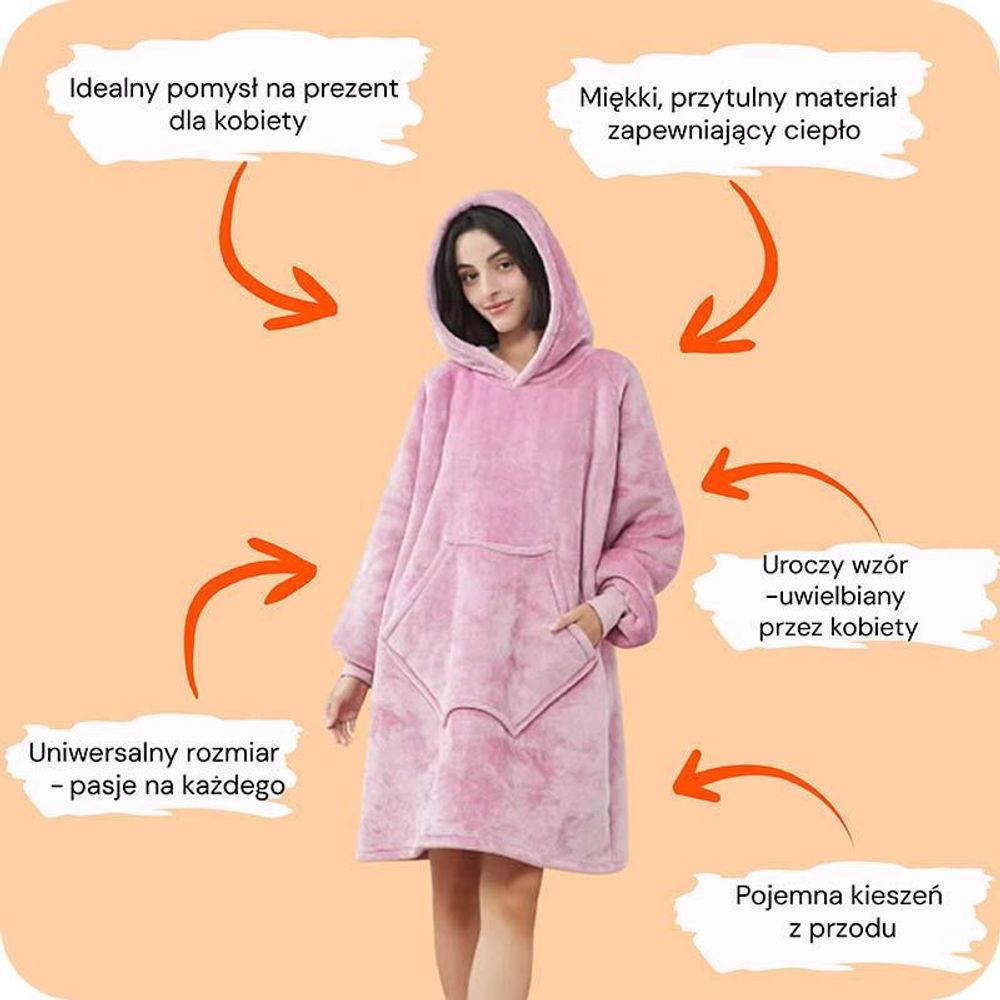 Kocobluza Bluza Koc Bluzokoc (Różowa) - Przytulna Damska Meska Oversize XXL Gruba Kaptur - Jeden Rozmiar - Idealna na zimowe dni