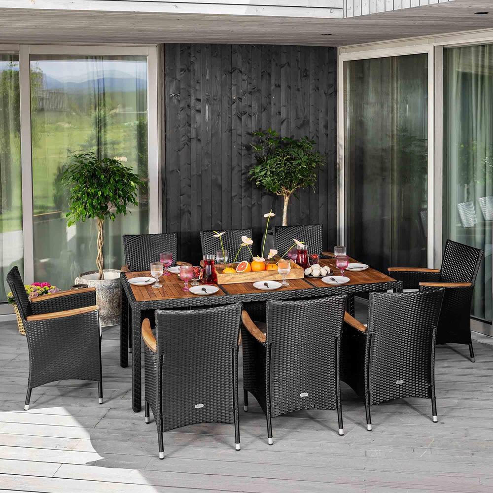 di volio Gartenmöbel-Set VERONA - Essgruppe Garnitur aus Polyrattan, robuste Sitzgruppe mit Akazienholztisch + 8 Stühle, Terrassenmöbel Lounge Set
