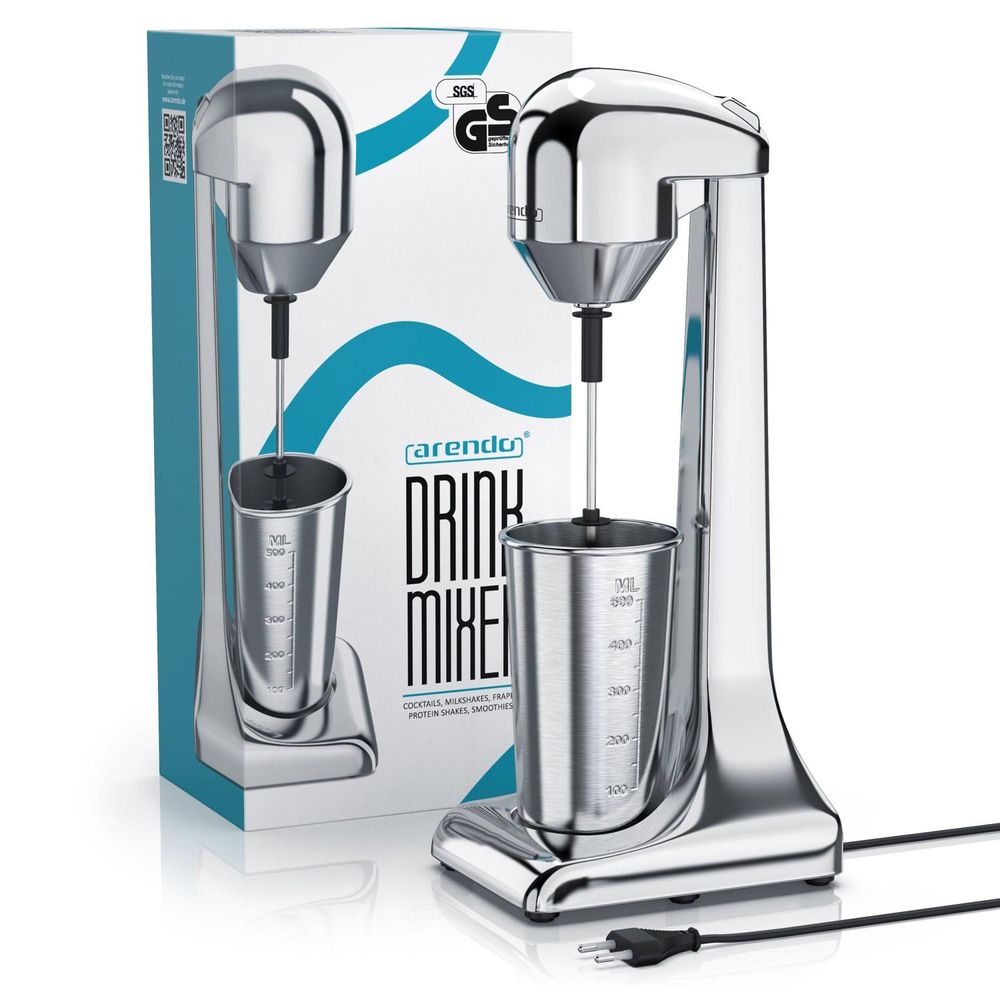 Arendo Getränkemixer elektrisch, 500 ml, 100 W, 2 Geschwindigkeitsstufen, für Protein Drinks Smoothies Eischnee Cocktails, Silber