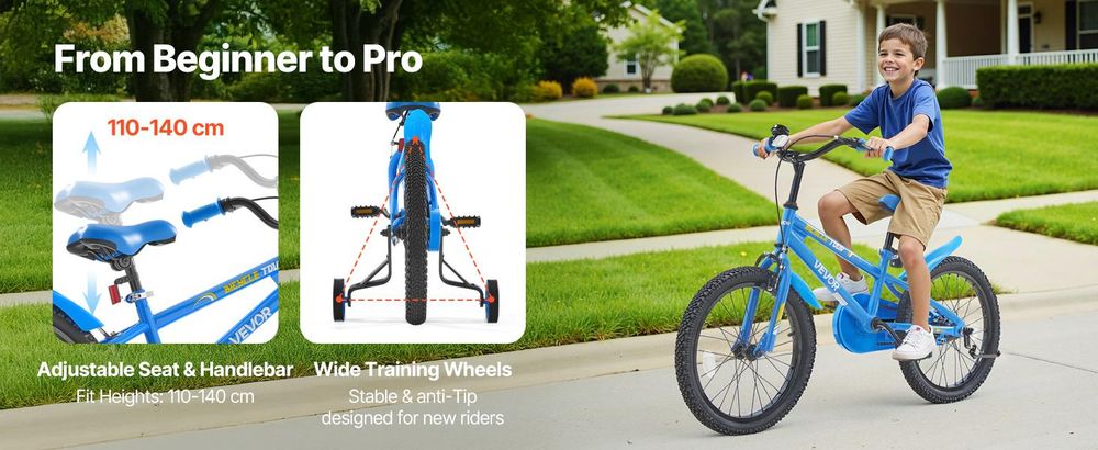 VEVOR Kinderfahrrad, 18 Zoll BMX-Stil-Fahrrad mit Stützrädern, empfohlene Kindergröße 110-140 cm, robust & einfach zu montieren, Kleinkinderfahrrad für Jungen & Mädchen zum Fahrradlernen, blau