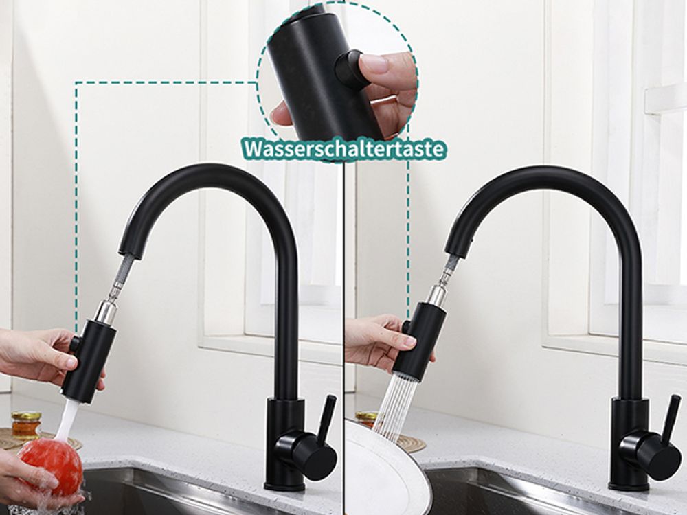 Wasserhahn Küche Schwarz Hochdruck Küchenarmatur Ausziehbar 360° Drehbar, Mischbatterie Küche Wasserhahn Ausziehbar mit 2 Modus, Armatur Küche Schwarz Wasserhahn Edelstahl Hochdruck, Schwarz