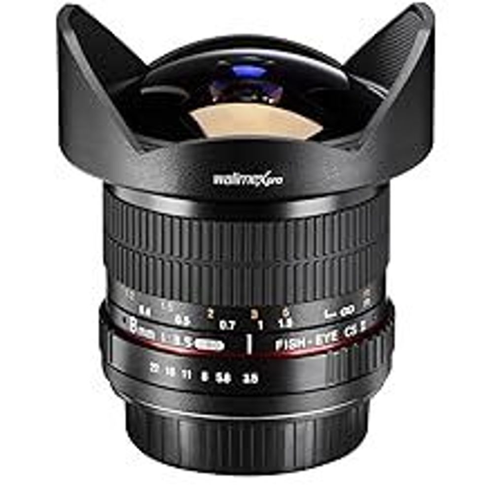 Walimex pro 8 mm Fisheye II Objektiv kompatibel mit Canon EF-S, Fish Eye Kameraobjektiv mit 167° Bildwinkel, Fischaugenobjektiv für APS-C Sensor, Weitwinkelobjektiv mit manueller Scharfeinstellung