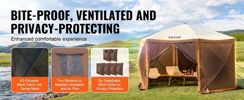 VEVOR Pavillon Bildschirmzelt, 10 x 10 Fuß, 6-seitiges Pop-up Camping-Canopy-Schutz-Zelt mit Netzfenstern, tragbare Tragetasche, Erdnägel, große Schattentücher für Outdoor-Camping, Rasen und Garten, 12.5 x 12.5 ft