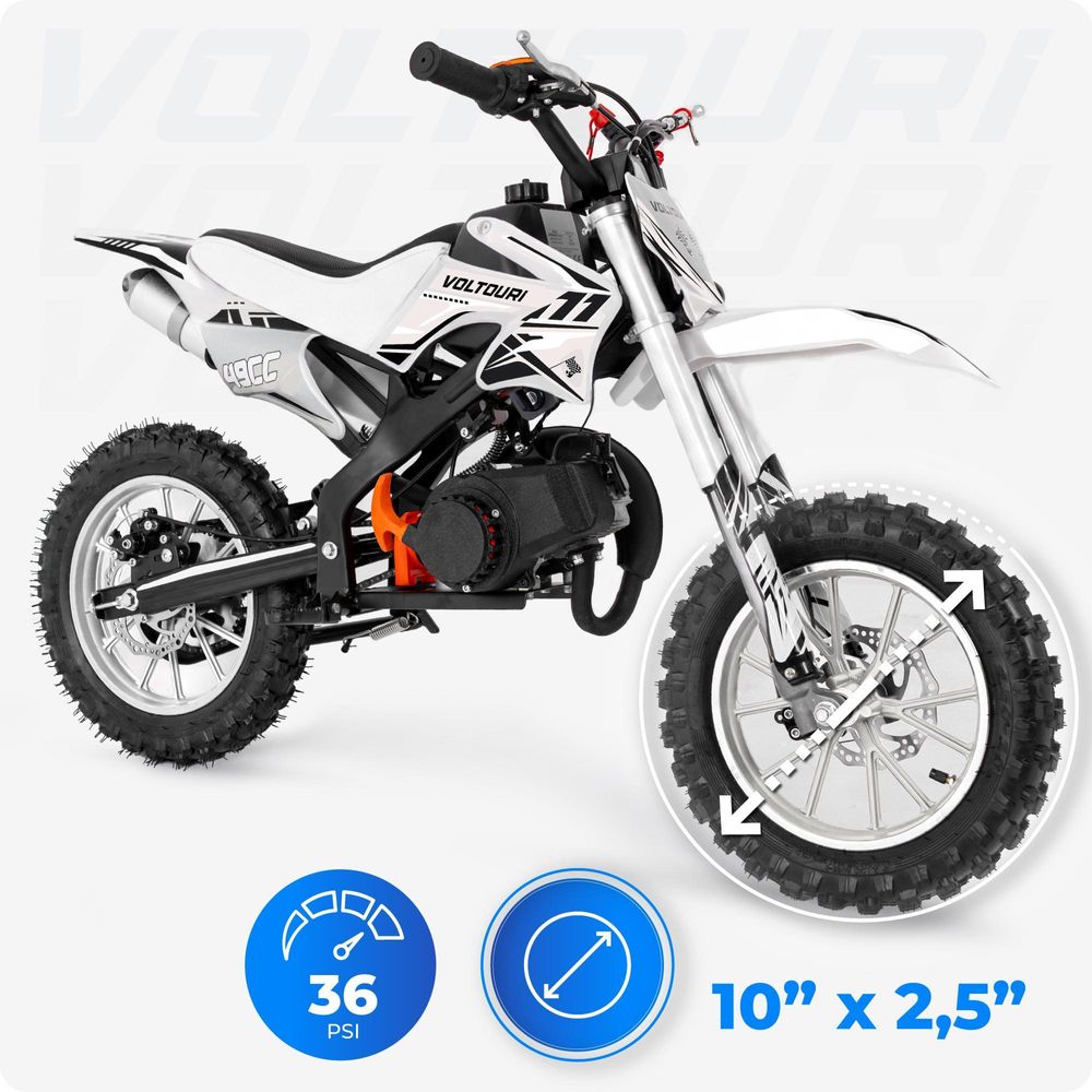 VOLTOURI CR49-WHITE Mini Cross 49cc Benzin Motorrad für Kinder Offroad 35 km/h 10" Räder Scheibenbremsen Weiß