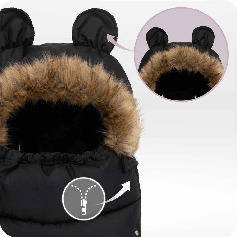 MoMi COZY – Universal-Fußsack für Kinderwagen, Fleece-Innenfutter, beidseitiger Reißverschluss & Kapuze mit Ohren – Schwarz