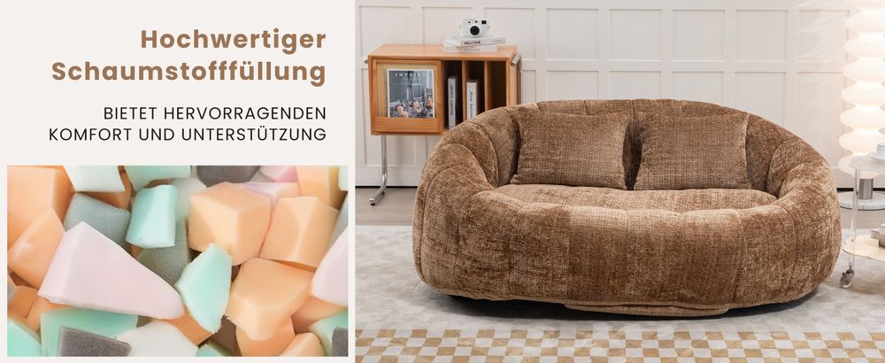okwish Schlafsofa Sitzsack mit 2 Kissen,Relaxsessel mit dicke Polsterung,Ecksofa ,Extrabreit Lazy Sofa für Erwachsene & Kinder,Chenille-stoff,Braun