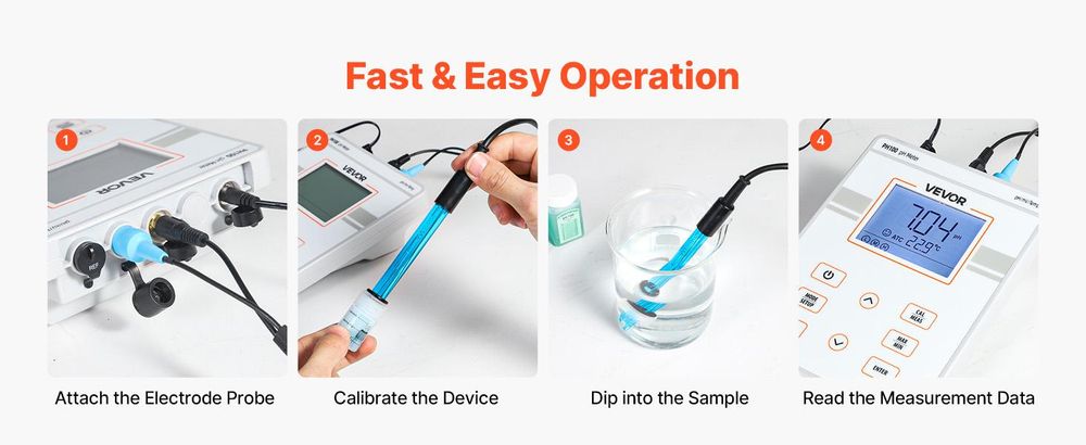 VEVOR pH-Meter, 0-14 pH-Bereich, IP68 wasserdichte Sonde, 3-Punkt-Autokalibrierung, tragbares Testkit mit Kalibrierpulver-Paketen, Temperatursensor, Tragetasche, für Trinkwasser, Hydroponik