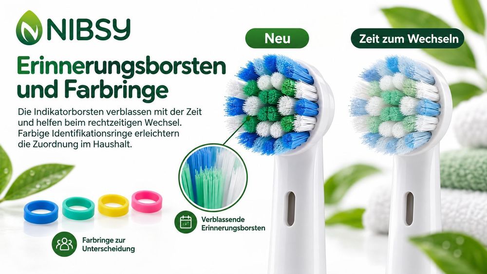NIBSY Aufsteckbürsten mit Erinnerungsborsten und farbigen Identifikationsringen