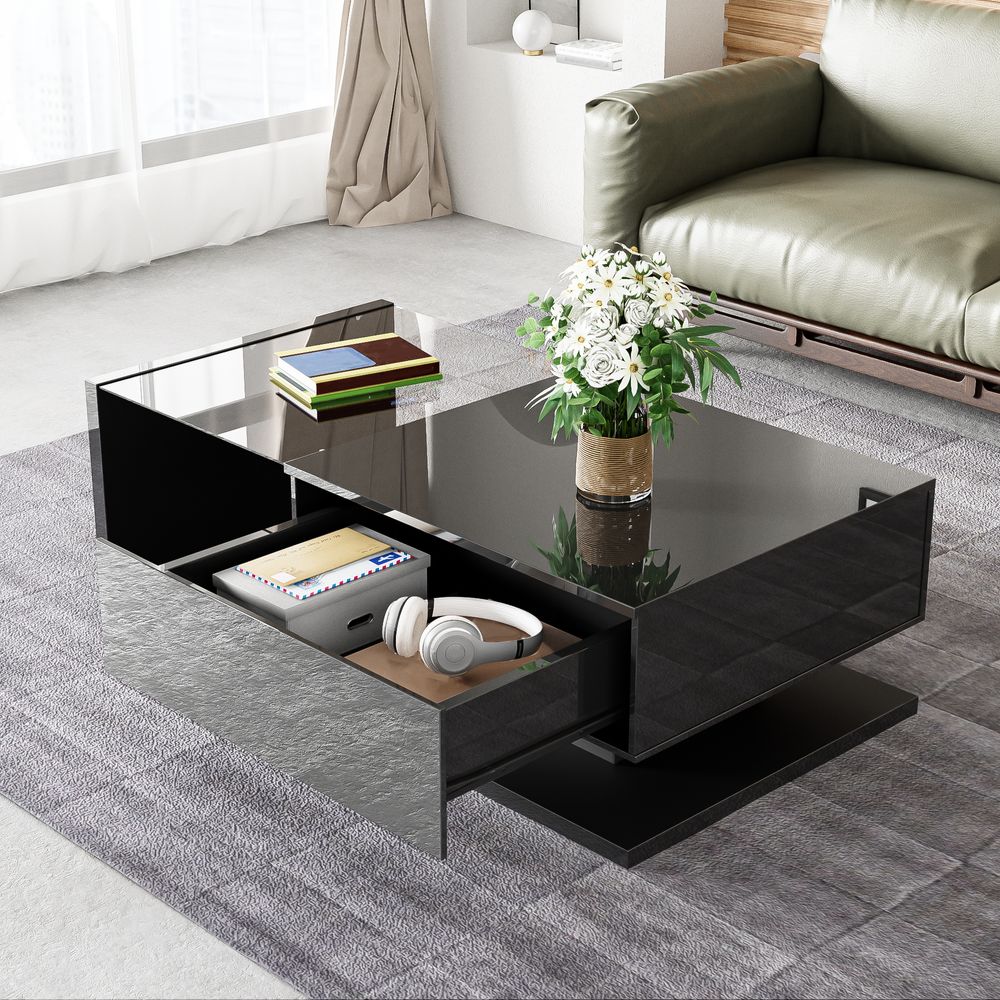 okwish Couchtisch Hochglanz Rechteckig, LED-Beistelltisch für Schlafzimmer, Wohnzimmertische mitGlas fürs Wohnzimmer, Beistelltisch mit 1 Schublade, Schwarz