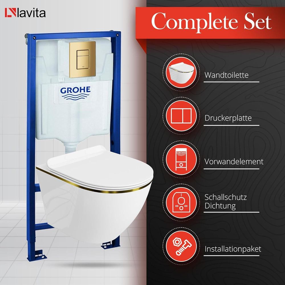 GROHE Vorwandelement Solido + Wand Hänge WC Sofi Slim Gold Line Spülrandlos + WC-Sitz SoftClose | Goldener Knopf | Komplettset | Unterputz Spülkasten | Toilette Komplett Sett