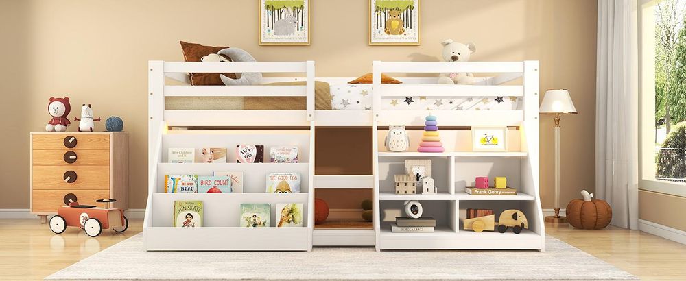 Merax Etagenbett Halbhohes Bett 90x200cm, mit LED-Beleuchtung, Bücherregal, Regale, Geländer, Kiefer, Kinderbett, Hochbett, Jugendbett, Weiß