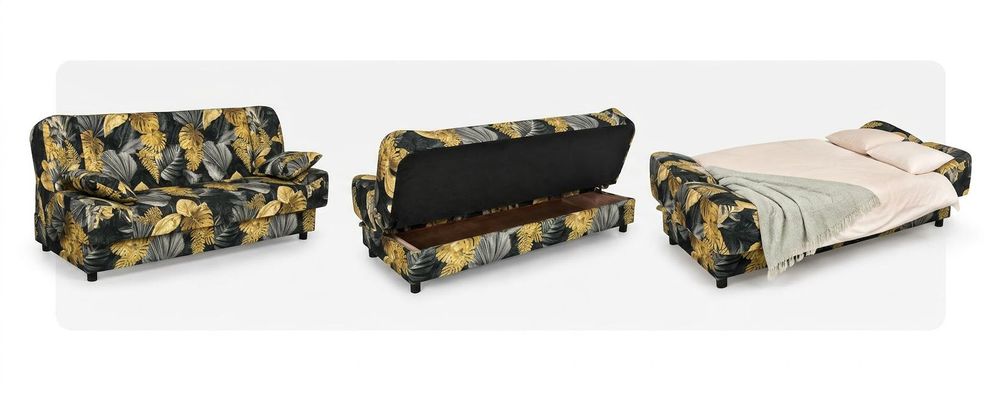 Schlafsofa SARA Poly – Monstera-Design, Webstoff in Schwarz, Family Meble