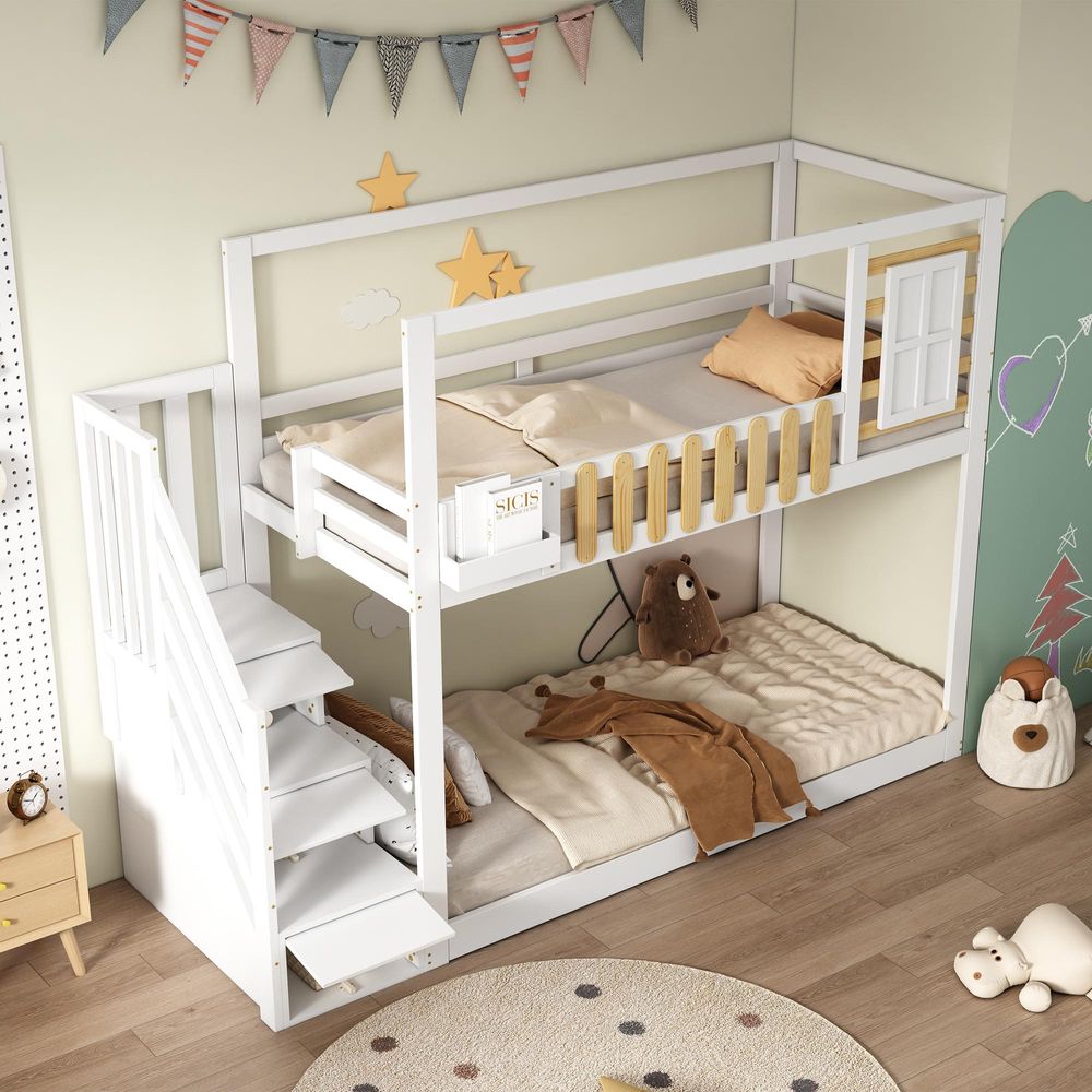 Merax Etagenbett 90x200cm mit Treppe, Rausfallschutz und Fenster, Kinderbett mit 3 Schließfächer, Kieferholzbett Stockbett Hausbett Jugendbett, Weiß