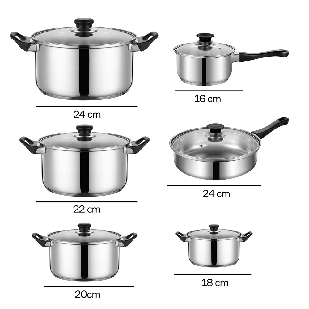 Topfset 12-teilig Edelstahl Kochgeschirr Kochtopfset Kochtöpfe Kochtopf-Set Töpfe Glasdeckel Durchmesser 16 18 20 21.8 24cm Silber Retoo