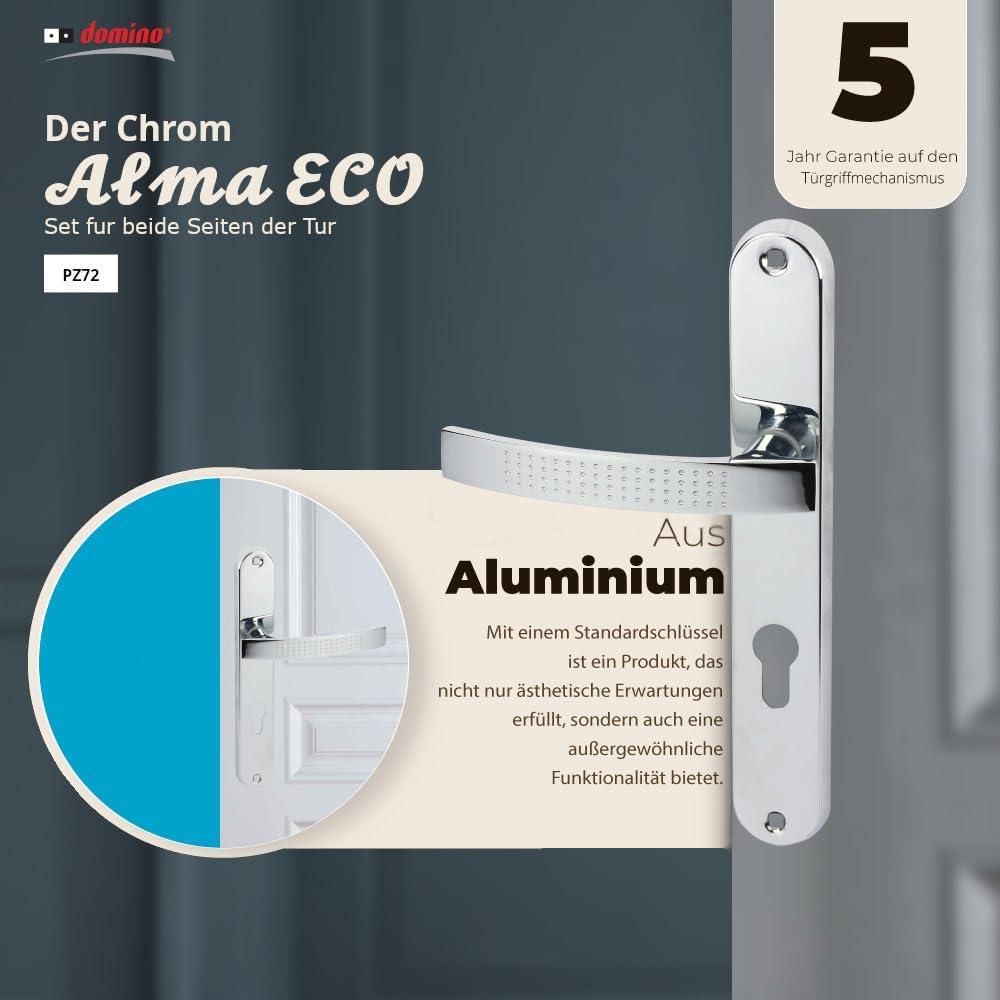 DOMINO Türgriff 72 Drückergarnitur PZ-Profilzylinder | Türklinke für Zimmertür, Bürotür, Kellertür & Innentür | L-Form | Aluminium |Chrom| ALMA ECO M6