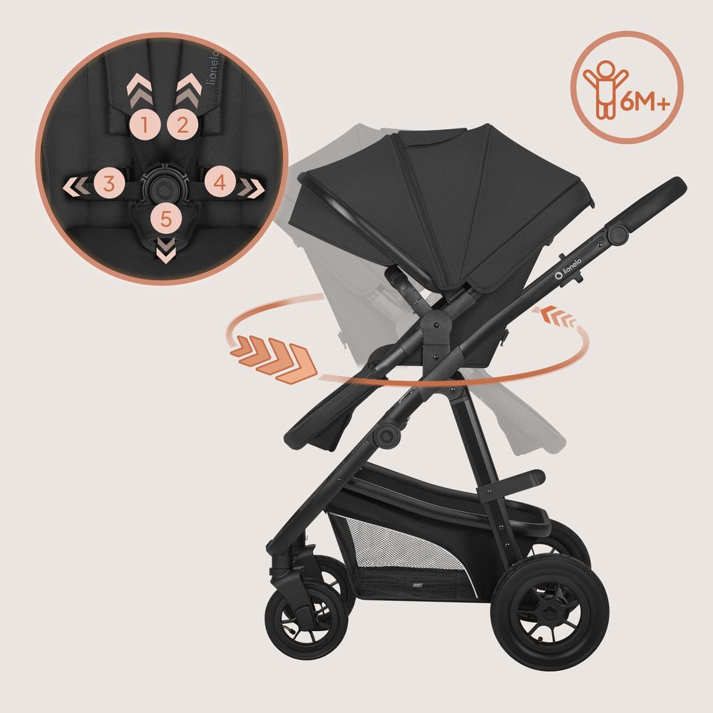 Lionelo Bianka 3in1 Kinderwagen, Autotransporter, Autositz, klappbar, Travel System Rückenlehne verstellbar 360o Räder Polsterung, Verdeck XXL-Schwarz