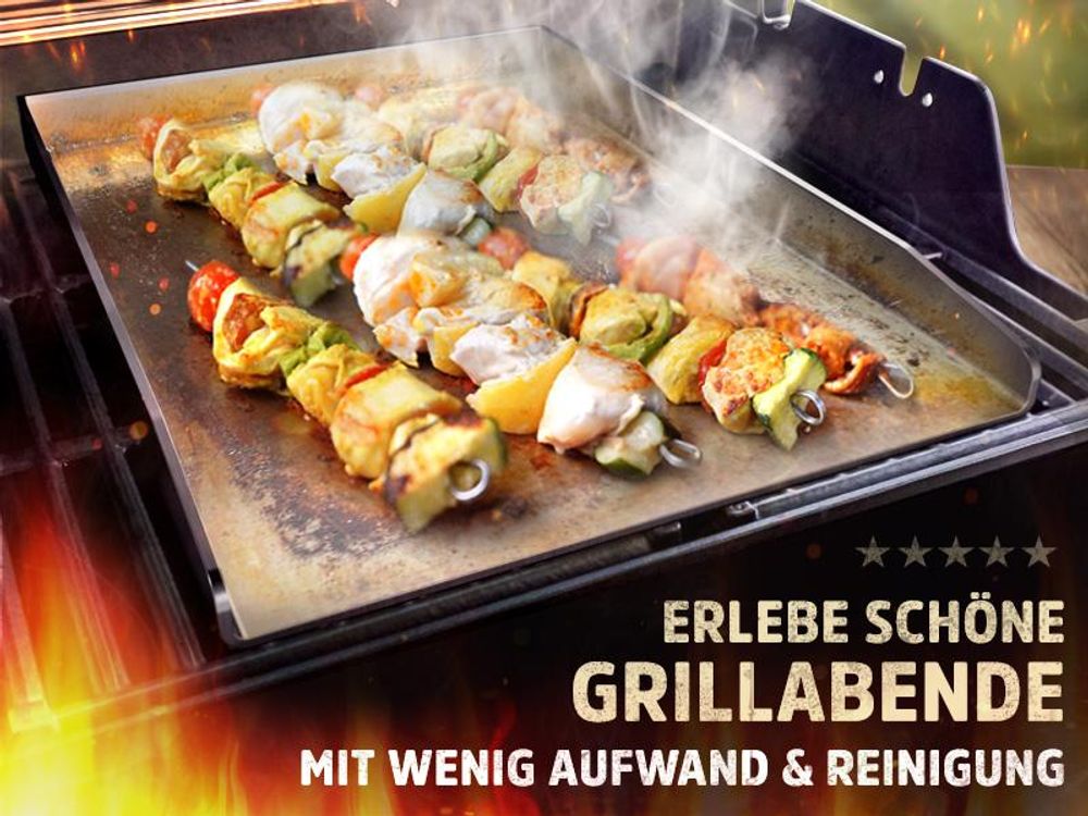 Flammtal [Das Original] – Grillplatte aus 4mm rostfreiem Edelstahl [40 x 30cm] – Plancha Grillplatte mit Grillspachtel Set & Burgerpapier (offen)
