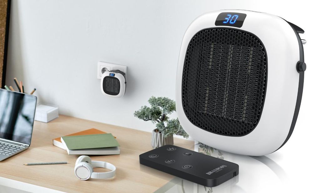 Brandson Steckdosen Heizlüfter 700W mit Fernbedienung, Thermostat, Timer 1-12 Stunden, Automatische Abschaltung, Überhitzungsschutz, Weiß