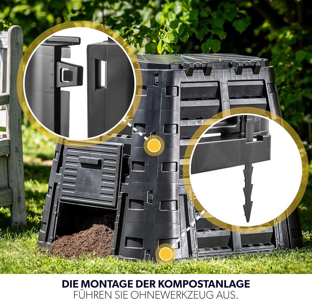 KADAX Komposter aus Kunststoff "Boko", witterungsbeständiger mit Deckel, Schwarz, 480L