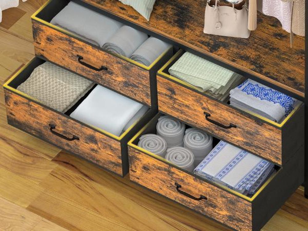 Yorbay Kleiderständer Freistehende Garderobenständer mit 4 Schubladen 4 Haken offener Kleiderschrank, Holz und Stahl Vintage