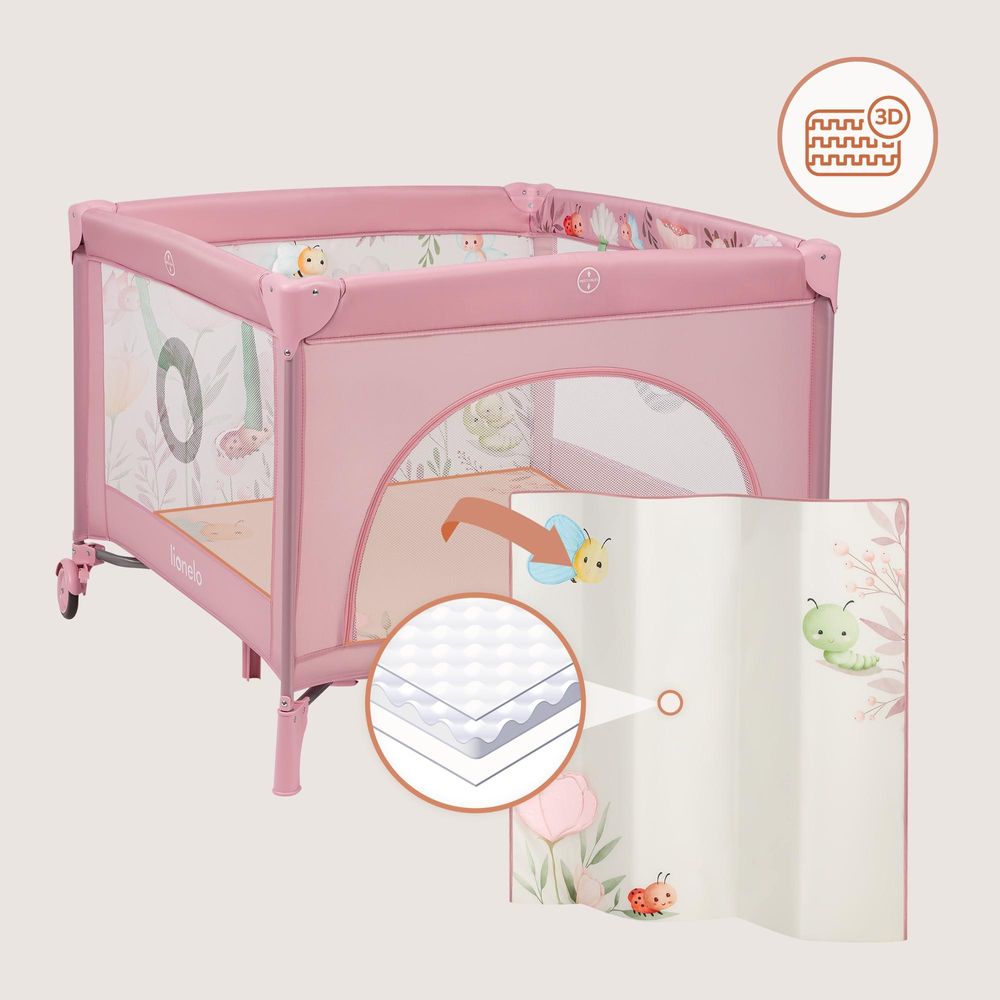 LIONELO Laufgitter Mille Plus bis 15 kg, 6-36 Monate, mit Schaumstoffmatratze, buntem Spielzeugset und praktischer Tragetasche - Rosa