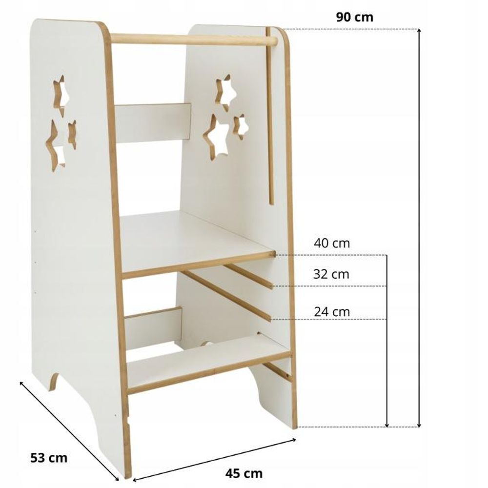 Helper VERK.design pomocnik kuchenny dla dziecka 90 cm kitchen helper z zasuwą podest regulowany stołek edukacyjny biały drewniany gwiazdki