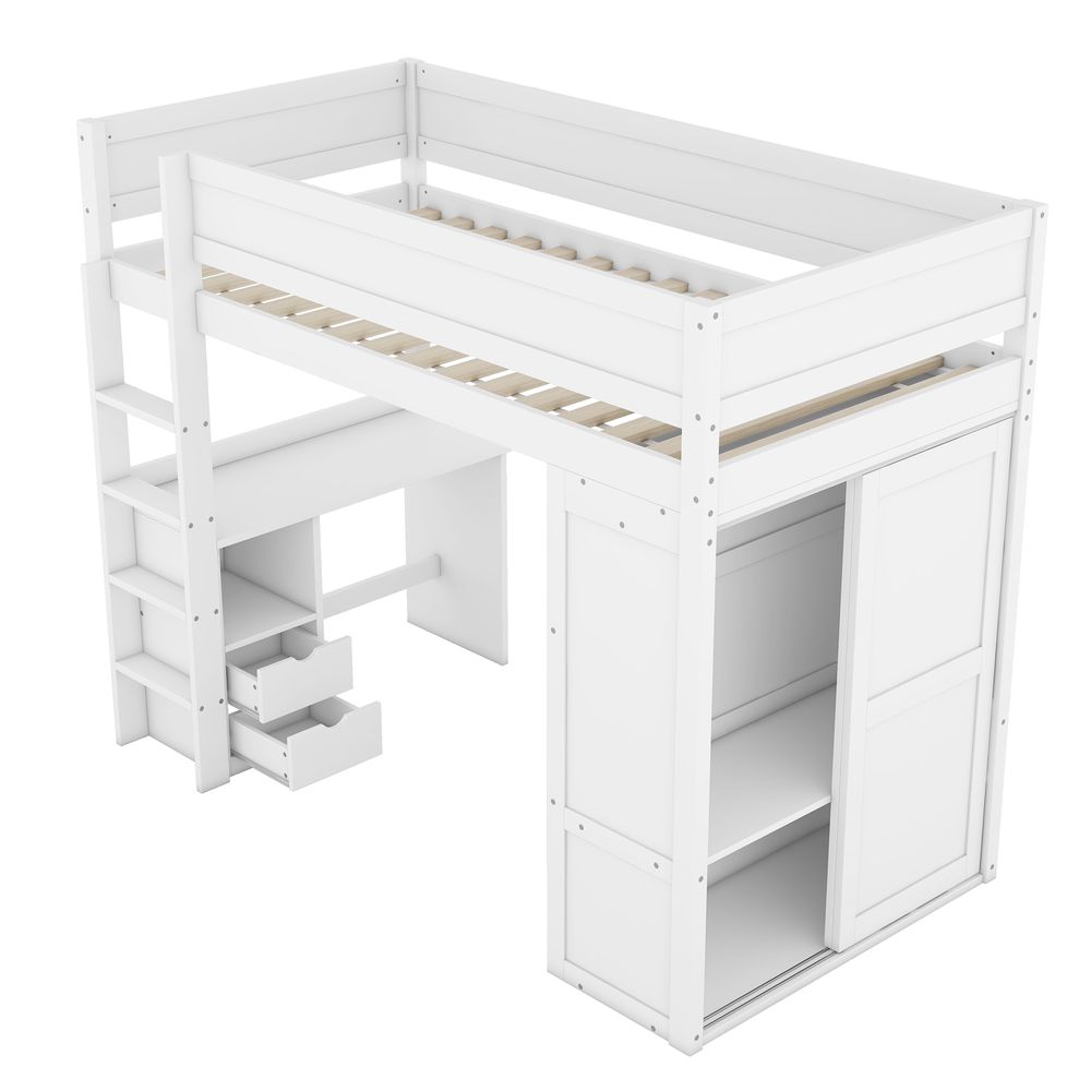 MODFU Hochbett 90 X 200 cm mit Kleiderschrank, Schreibtisch und Schubladen(Ohne Matratze), Weiß