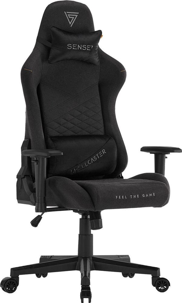 SENSE7 Spellcaster SENSHI Krzesło gamingowe z tapicerką materiałową, czarne – ergonomiczne krzesło biurowe, krzesło do biurka, krzesło dla graczy, nośność 150 kg, podłokietniki 2D, fotel kierowniczy